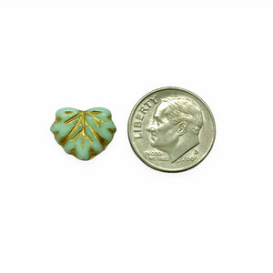 Czech glass maple leaf beads 15pcs mint green gold 13x11mm