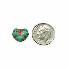 Load image into Gallery viewer, Czech glass maple leaf beads 12pcs blue green turquoise copper 13x11mm
