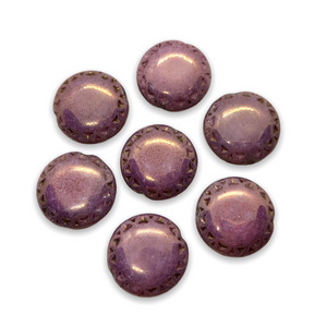 Czech glass Mayan sun coin beads 8pc violet with bronze luster 17mm-Orange Grove Beads