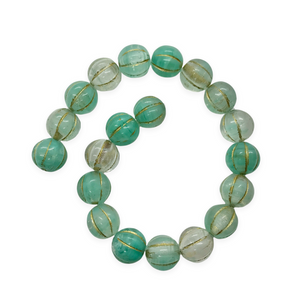 Czech glass fluted round melon beads 20pc crystal aqua blue gold 8mm-Orange Grove Beads