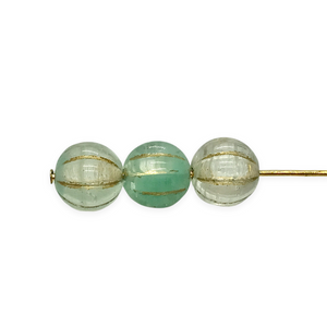 Czech glass fluted round melon beads 20pc crystal aqua blue gold 8mm