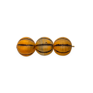 Czech glass fluted round melon beads 20pc matte pumpkin orange black 8mm
