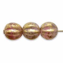 Load image into Gallery viewer, Czech glass fluted round melon beads 20pc milky pink gold rain 8mm
