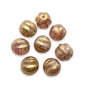 Czech glass fluted round melon beads 20pc milky pink gold rain 8mm