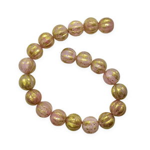 Czech glass fluted round melon beads 20pc milky pink gold rain 8mm-Orange Grove Beads
