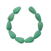 Load image into Gallery viewer, Czech glass melon drop beads 10pc matte turquoise copper 13x8mm UV glow
