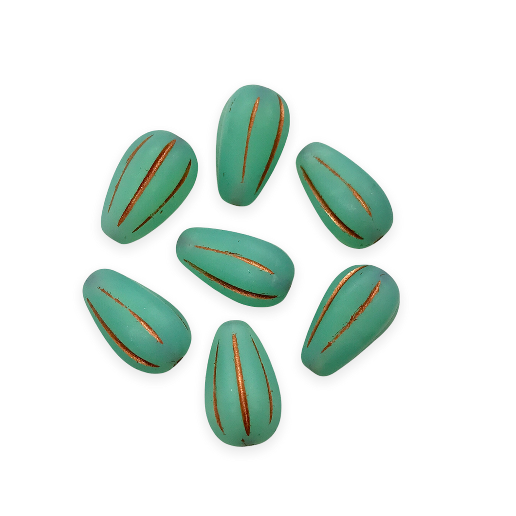Czech glass melon drop beads 10pc matte turquoise copper 13x8mm UV glow-Orange Grove Beads