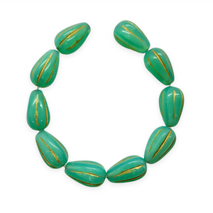 Czech glass melon drop beads 10pc turquoise gold 13x8mm UV glow-Orange Grove Beads