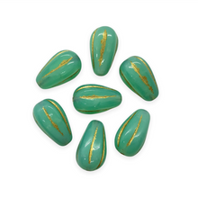Load image into Gallery viewer, Czech glass melon drop beads 10pc turquoise gold 13x8mm UV glow-Orange Grove Beads
