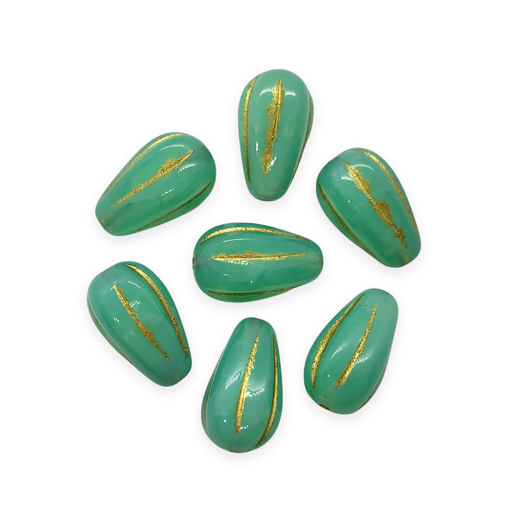Czech glass melon drop beads 10pc turquoise gold 13x8mm UV glow-Orange Grove Beads
