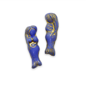 Czech glass mermaid beads 4pc periwinkle blue gold 25mm