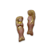 Load image into Gallery viewer, Czech glass mermaid beads 4pc dusty rose pink gold 25mm
