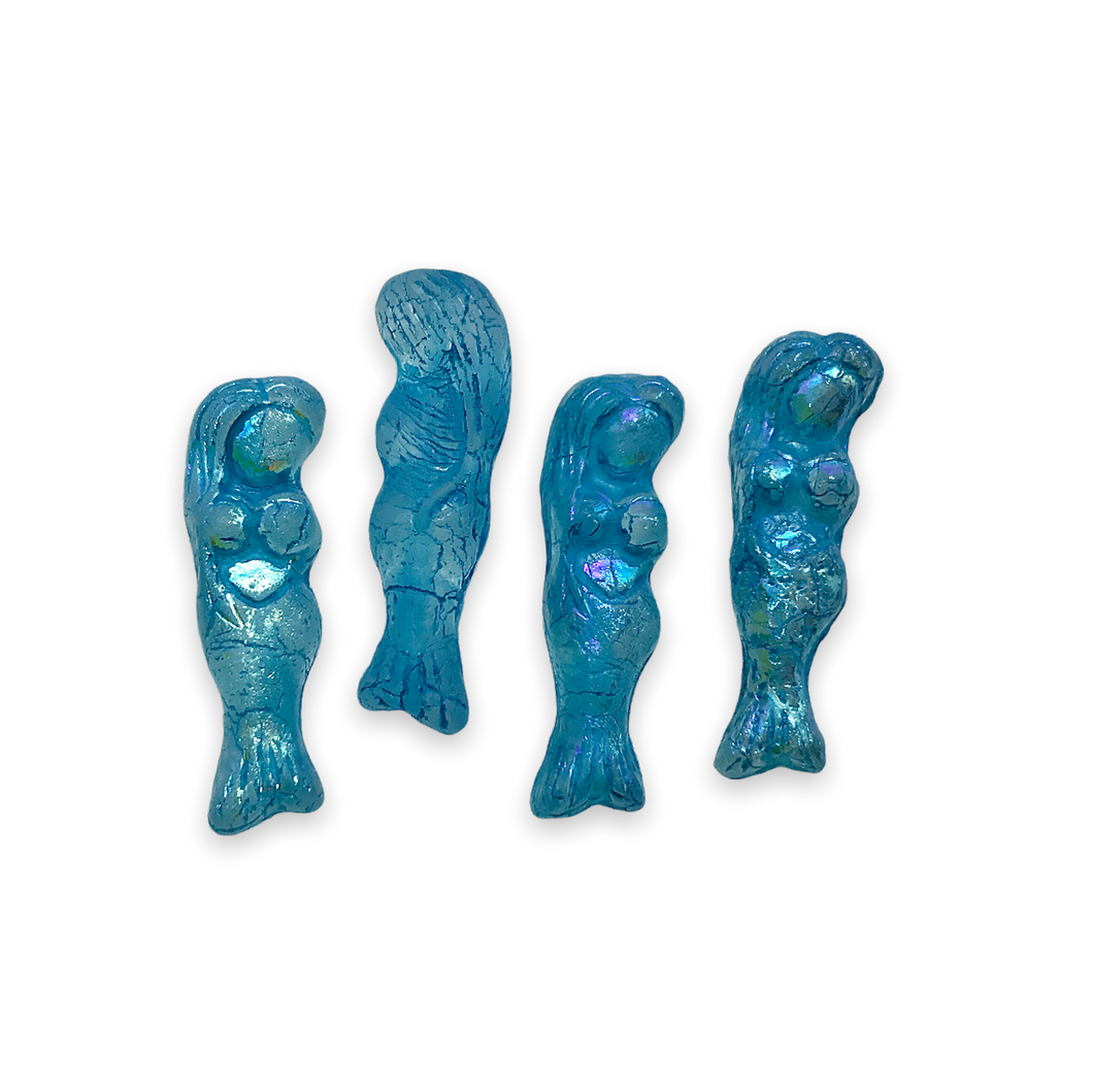 Czech glass figural mermaid beads charms 4pc etched Malibu blue AB 25mm-Orange Grove Beads