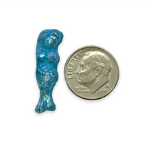 Load image into Gallery viewer, Czech glass figural mermaid beads charms 4pc etched Malibu blue AB 25mm
