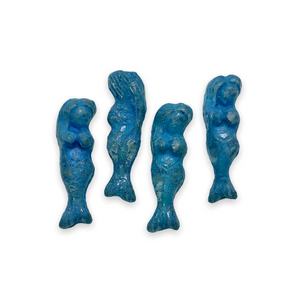 Czech glass mermaid beads charms 4pc etched crystal malibu blue 25mm-Orange Grove Beads
