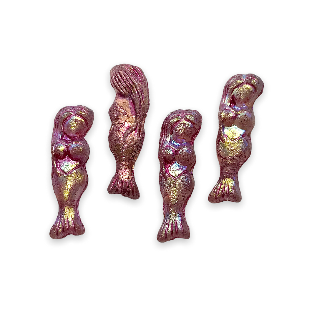 Czech glass mermaid beads charms 4pc etched pink metallic AB 25mm-Orange Grove Beads