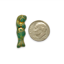 Load image into Gallery viewer, Czech glass mermaid beads 4pc matte teal gold wash 25mm

