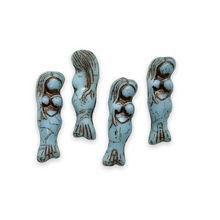 Load image into Gallery viewer, Czech glass mermaid beads charms 4pc opaque sky blue brown wash 25mm-Orange Grove Beads
