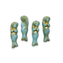 Load image into Gallery viewer, Czech glass mermaid beads charms 4pc opaque sky blue gold wash 25mm-Orange Grove Beads
