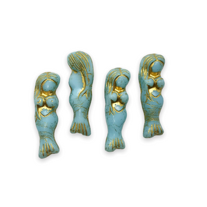 Czech glass mermaid beads charms 4pc opaque sky blue gold wash 25mm-Orange Grove Beads