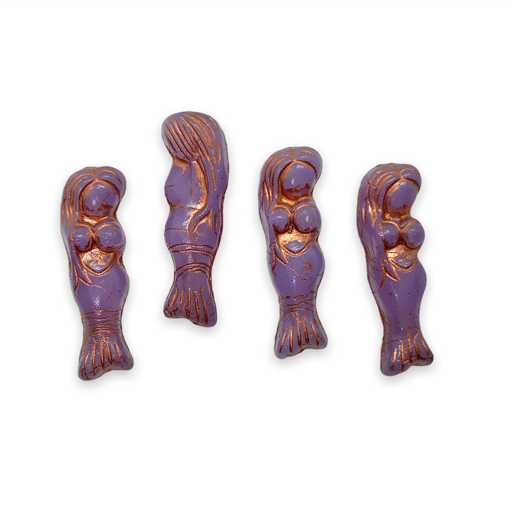 Czech glass mermaid beads charms 4pc opaline purple copper 25mm-Orange Grove Beads
