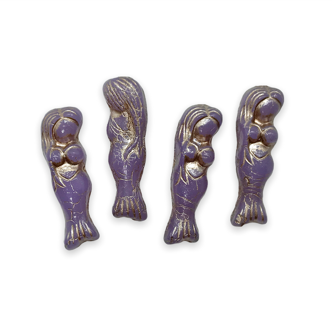 Czech glass mermaid beads charms 4pc opaline purple platinum 25mm-Orange Grove Beads