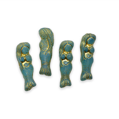 Czech glass mermaid beads charms 4pc sky blue opaline bronze 25mm-Orange Grove Beads