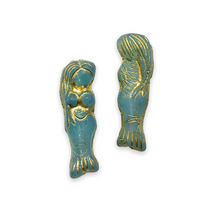 Load image into Gallery viewer, Czech glass mermaid beads charms 4pc sky blue opaline bronze 25mm
