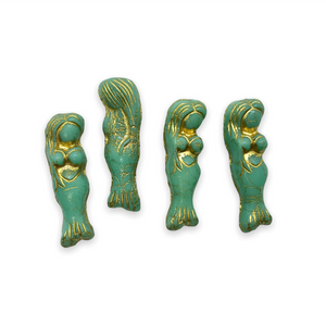 Czech glass mermaid beads charms 4pc blue green turquoise gold wash 25mm-Orange Grove Beads