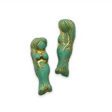 Load image into Gallery viewer, Czech glass mermaid beads 4pc blue green turquoise gold 25mm
