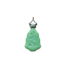 Load image into Gallery viewer, Czech glass Christmas tree beads mint green and silver stars UV glow
