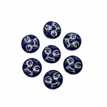 Load image into Gallery viewer, Czech glass moon face coin beads 16pc dark blue silver 9mm

