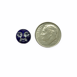 Czech glass moon face coin beads 16pc dark blue silver 9mm
