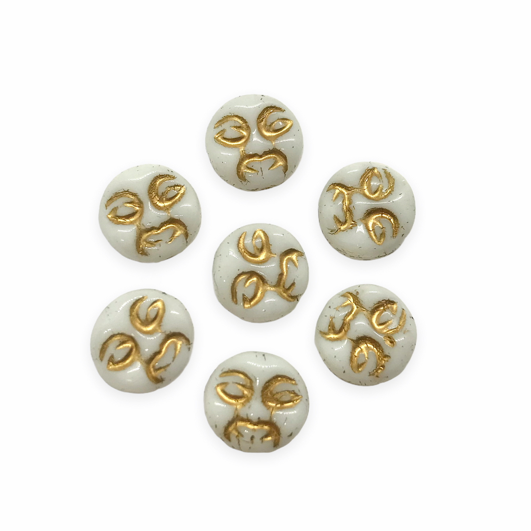 Czech glass full moon face coin beads 16pc opaque white gold 9mm-Orange Grove Beads