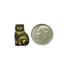 Load image into Gallery viewer, Czech glass seated cat beads jet black gold 10pc 17mm
