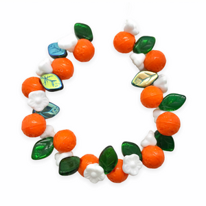 Czech glass orange fruit beads mix 36pc with leaves and flowers #1-Orange Grove Beads