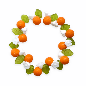 Czech glass orange fruit beads mix 36pc with leaves and flowers #3-Orange Grove Beads