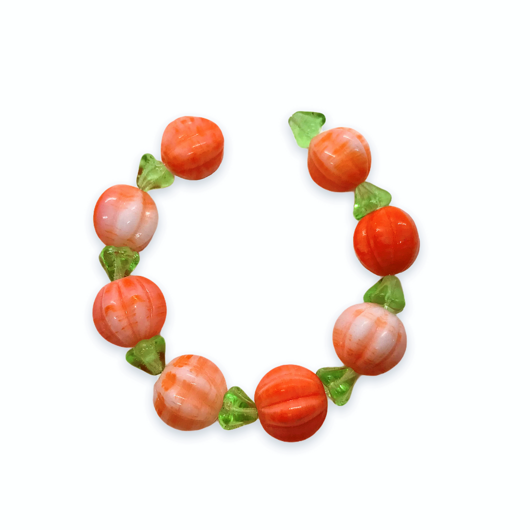 Czech glass orange & white pumpkin melon beads charms 8 sets (16pc) with stems-Orange Grove Beads