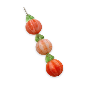 Czech glass orange & white pumpkin melon beads 8 sets (16pc) with stems