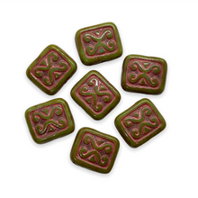 Load image into Gallery viewer, Czech glass ornamental rectangle beads 15pc green brown red 12x11mm-Orange Grove Beads
