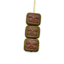 Load image into Gallery viewer, Czech glass ornamental rectangle beads 15pc green brown red 12x11mm

