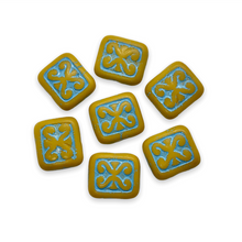 Load image into Gallery viewer, Czech glass ornamental rectangle beads 15pc yellow turquoise 12x11mm-Orange grove Beads
