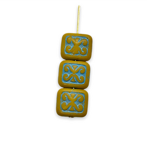Czech glass ornamental rectangle beads 15pc yellow turquoise 12x11mm