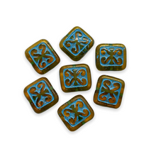 Load image into Gallery viewer, Czech glass ornamental rectangle beads 15pc brown blue 12x11mm-Orange Grove Beads
