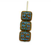 Load image into Gallery viewer, Czech glass ornamental rectangle beads 15pc brown blue 12x11mm
