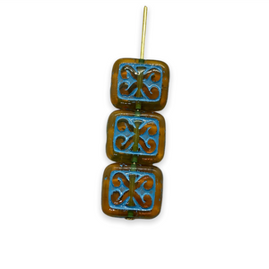 Czech glass ornamental rectangle beads 15pc brown blue 12x11mm