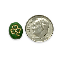Load image into Gallery viewer, Czech glass oval St Patrick&#39;s Irish shamrock clover beads 25pc green gold 10x8mm
