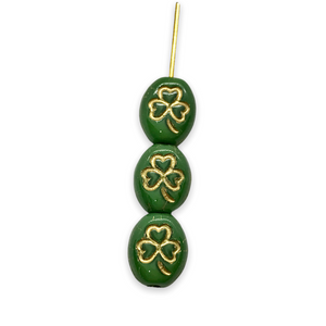 Czech glass oval St Patrick's Irish shamrock clover beads 25pc green gold 10x8mm