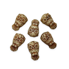 Load image into Gallery viewer, Czech glass Halloween owl shaped beads 6pc ivory beige copper-Orange Grove Beads
