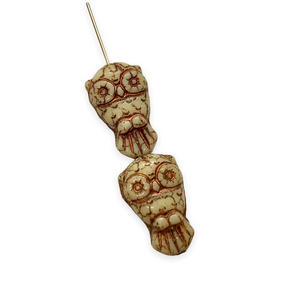 Czech glass Halloween owl shaped beads 6pc ivory beige copper